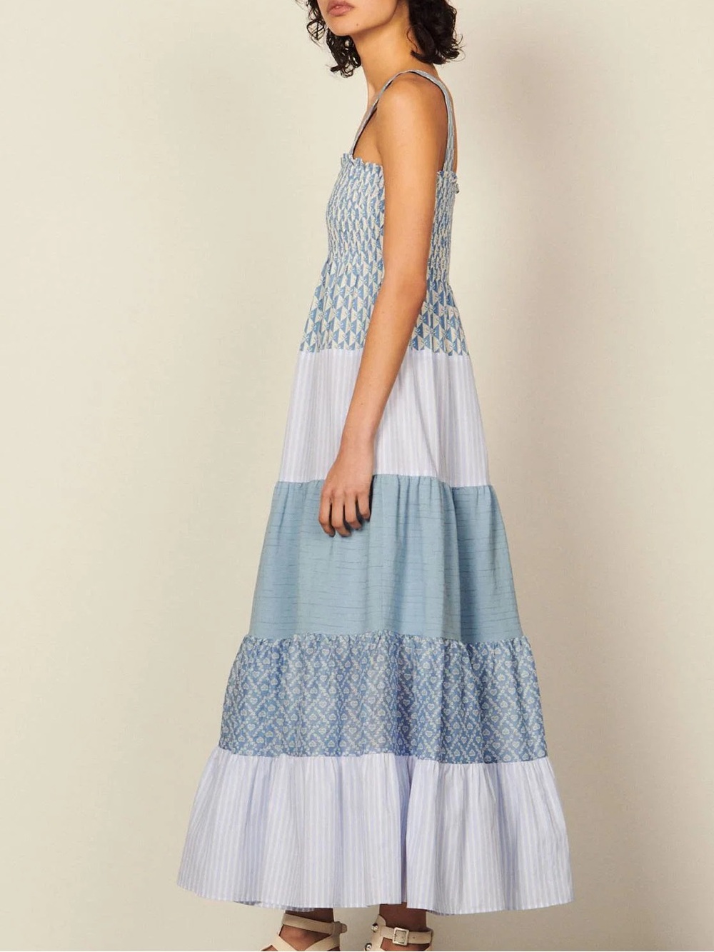 Sandro Tropea Dress Blue and White Tiered Maxi